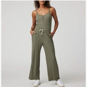 Vuori Olive Green Pose Henley Jumpsuit Built in Bra in Dark Metal- XS